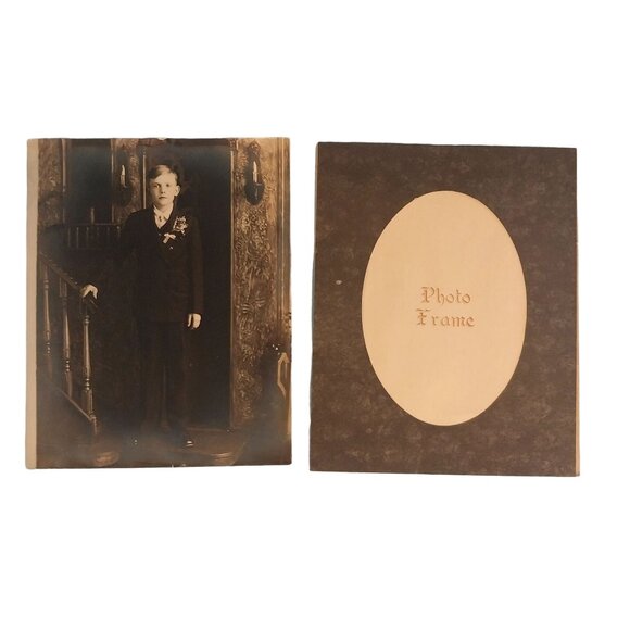 Antique Victorian Frame with Boy In Suit On Staircase Photograph Portrait - Picture 4 of 8